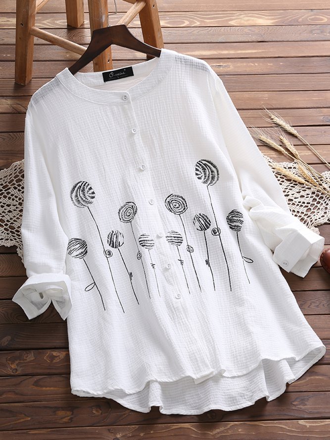 Long Sleeve Buttoned Sweet Crew Neck Blouses Zaesvini