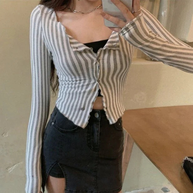 Fashionable Slim Threaded Cardigan 2023 Summer Casual Single-breasted Round Neck Long Sleeve T-Shirt  Women