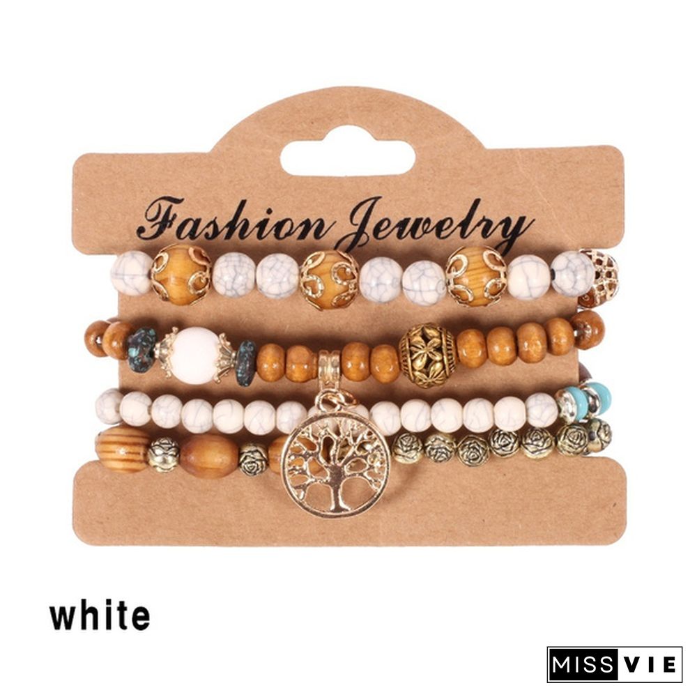 4pcs/set Wooden Beads Bracelet Multicolor Women Boho Bangles With Hollow-out Pendant