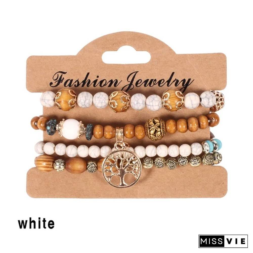 4pcs/set Wooden Beads Bracelet Multicolor Women Boho Bangles With Hollow-out Pendant
