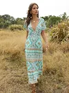 Ethnic Printed Short Sleeve Deep V-Neck Maxi Dress