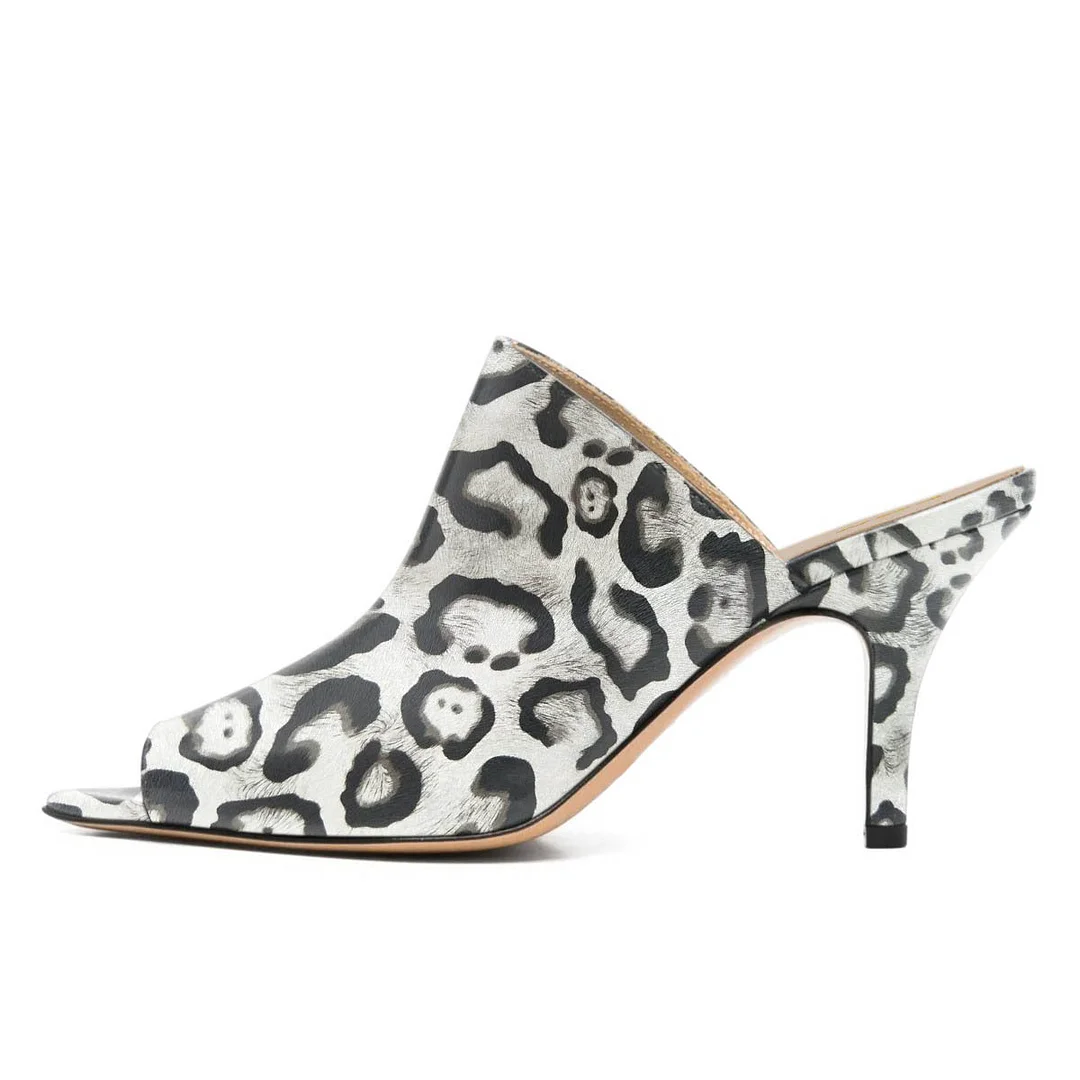 Fashion White & Black Peep Toe Slip On Leopard Print Heeled Mules