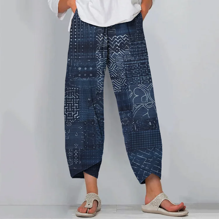 Vintage Japanese Traditional Sashiko Art Cropped Casual Pants