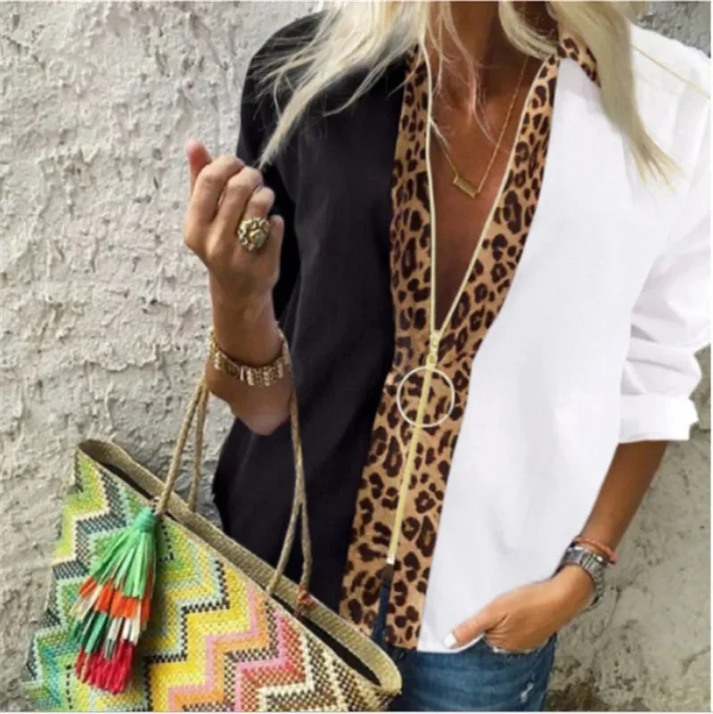 Oocharger Leopard White Spliced Blouse Women Shirts Spring Fall Long Sleeve Zip Up V-Neck Tops Casual Female Plus Size Blouse
