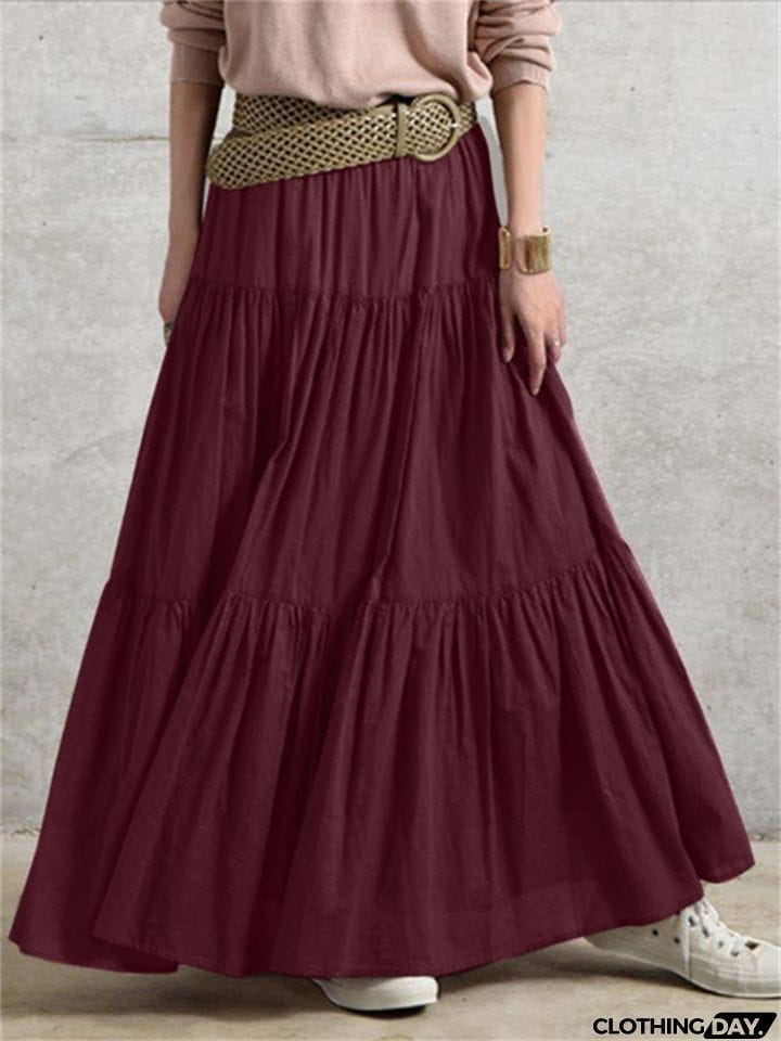Women's Vintage Casual Elastic Waist Ruffle Long Skirts