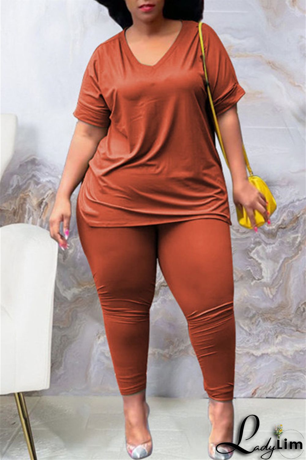 Tibetan Blue Fashion Casual Solid Slit V Neck Plus Size Two Pieces