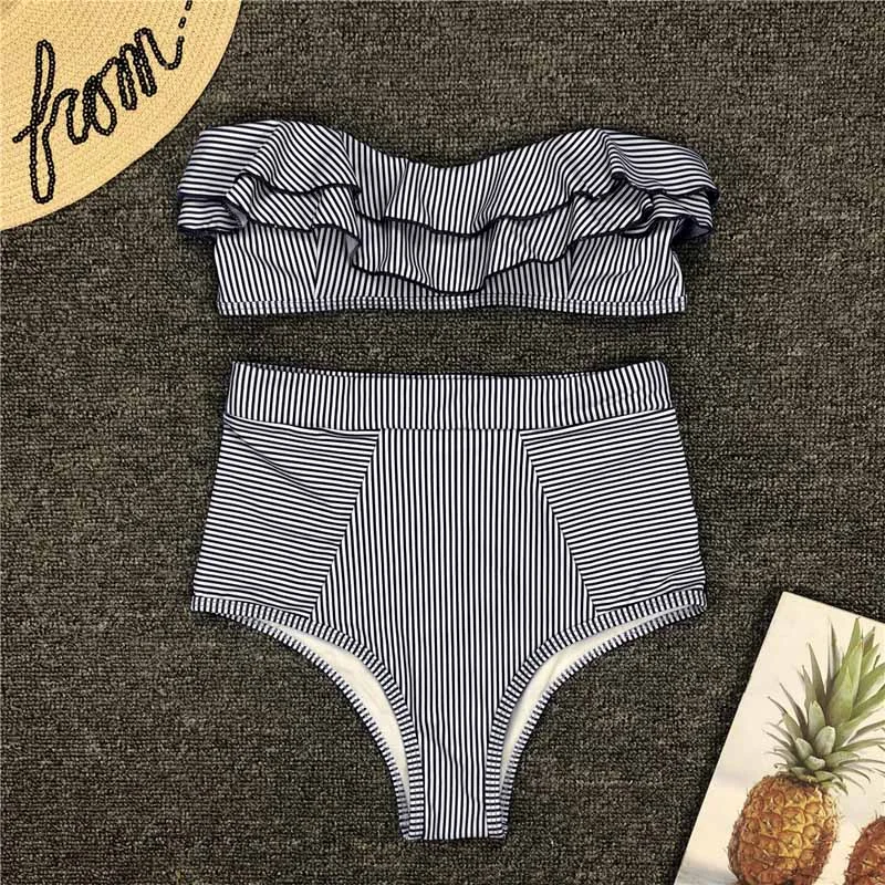 2019 Sexy High Waist Bikini Swimwear Women Striped Biquini Ruffled Swim Bathing Suit Off Shoulder Swimsuit Vintage Bikinis