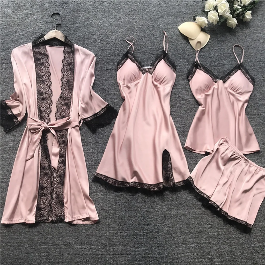 Uveng Uveng Woman Sexy Pajamas Four-Piece Korean Set Of Hanging Pajamas Women Homewear With Chest Pajamas Pajamas Pajamas 2103
