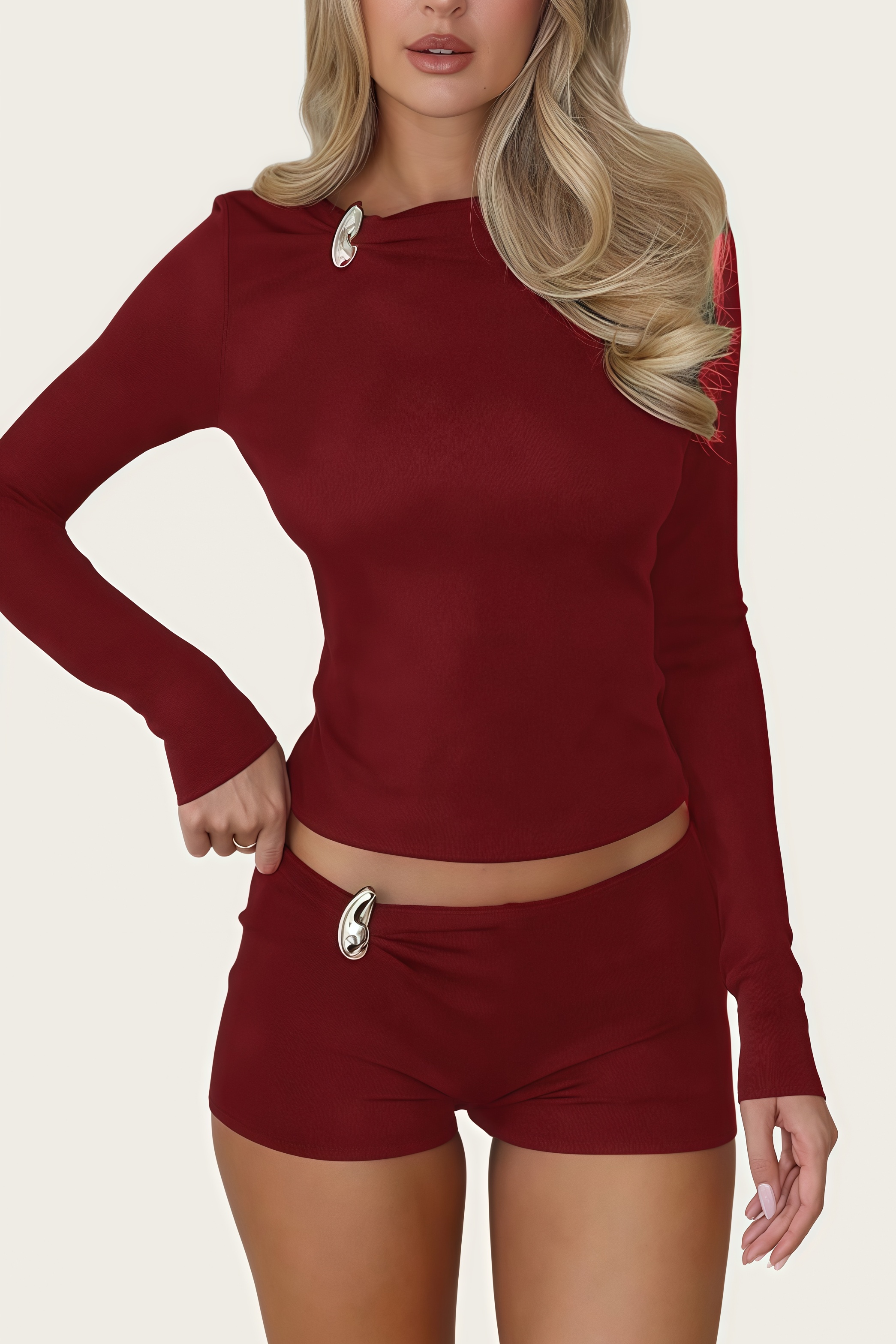 Long Sleeve Top & Fitted Shorts Set with Metal Accent - HIGIANNA&reg;