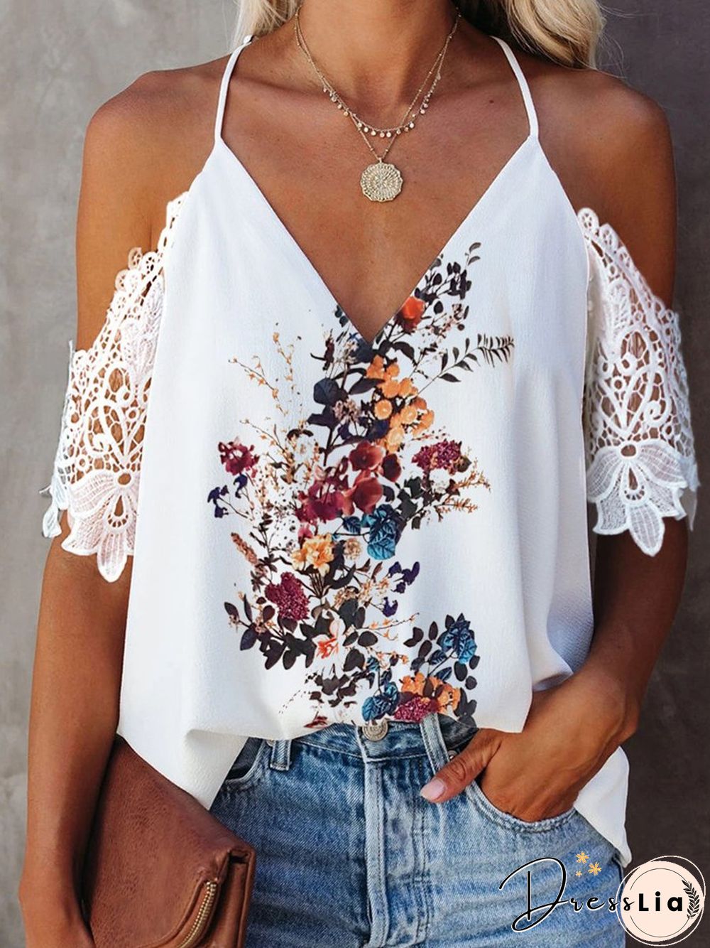 Drop Shoulder Lace Sleeve Print Camisole P11315