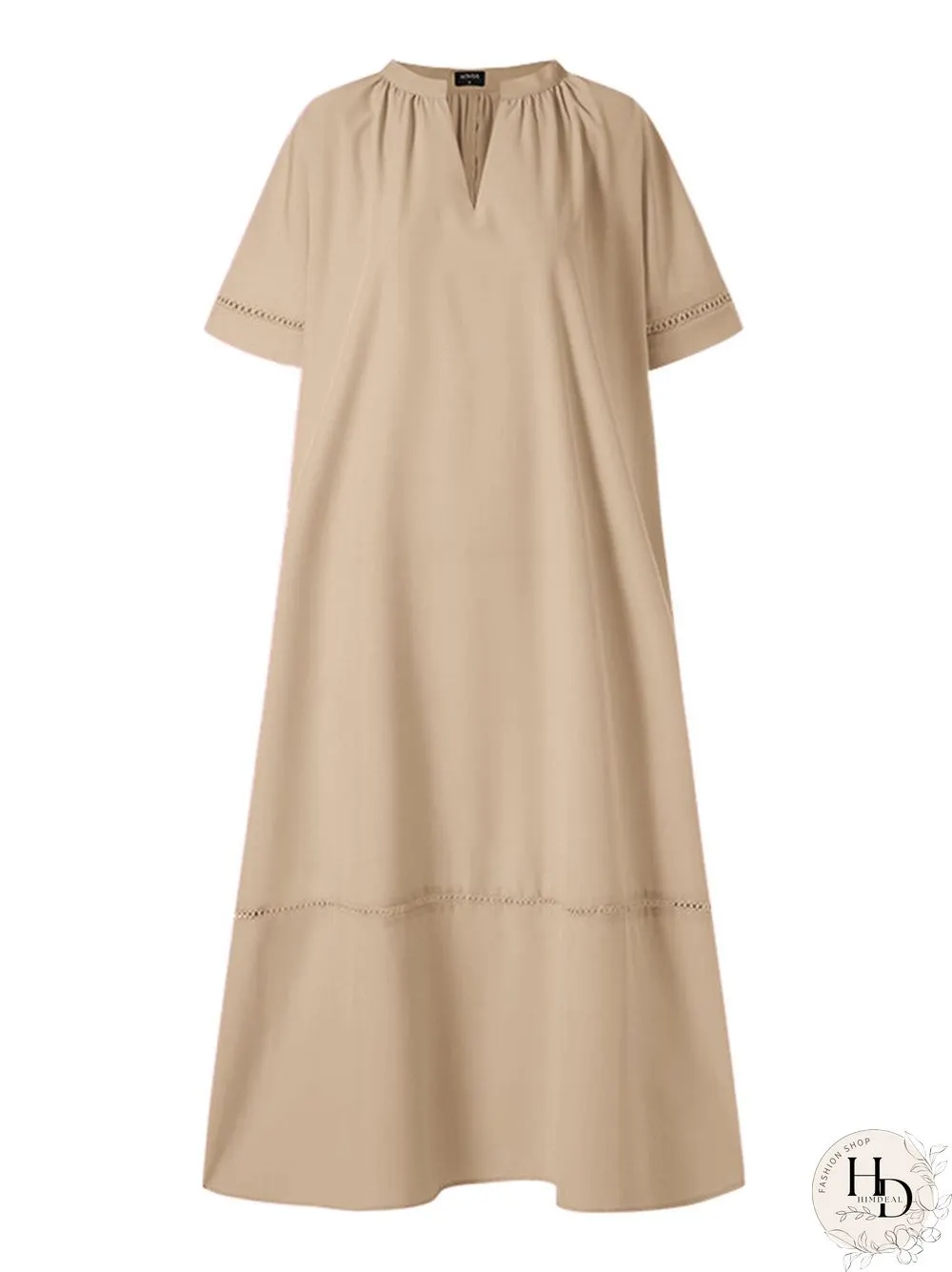 Solid Color Stitching Pleated V Neck Loose Dress