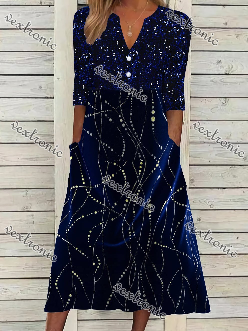 Women's Short Sleeve V-neck Printed Stitching Midi Dress With Pockets