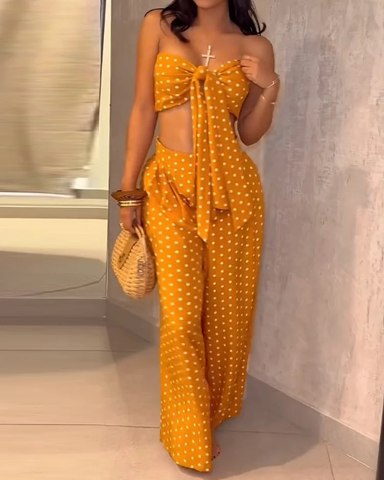 Casual lace-up polka dot print two-piece suit