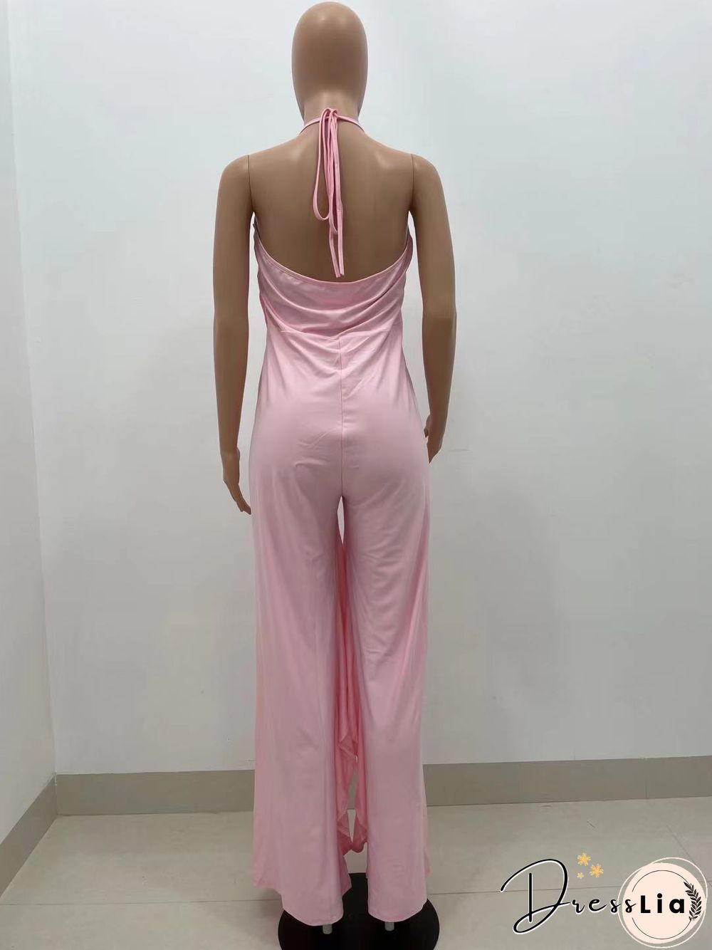 Casual Solid Color Sleeveless Ruffle Halter Lace Up Party Club Summer Plus Size Loose Wide Leg Jumpsuits