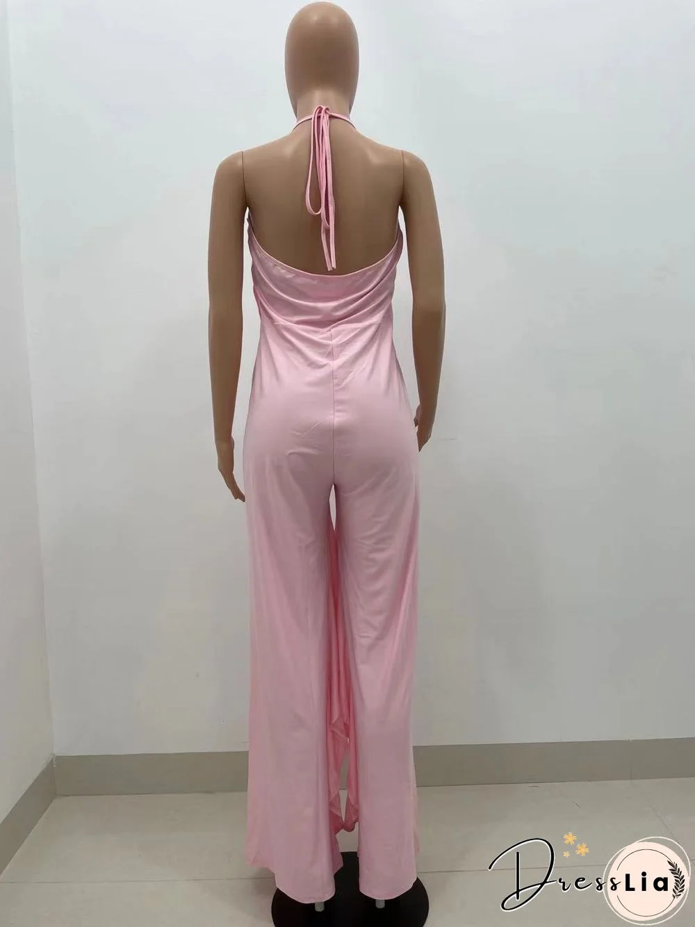 Casual Solid Color Sleeveless Ruffle Halter Lace Up Party Club Summer Plus Size Loose Wide Leg Jumpsuits