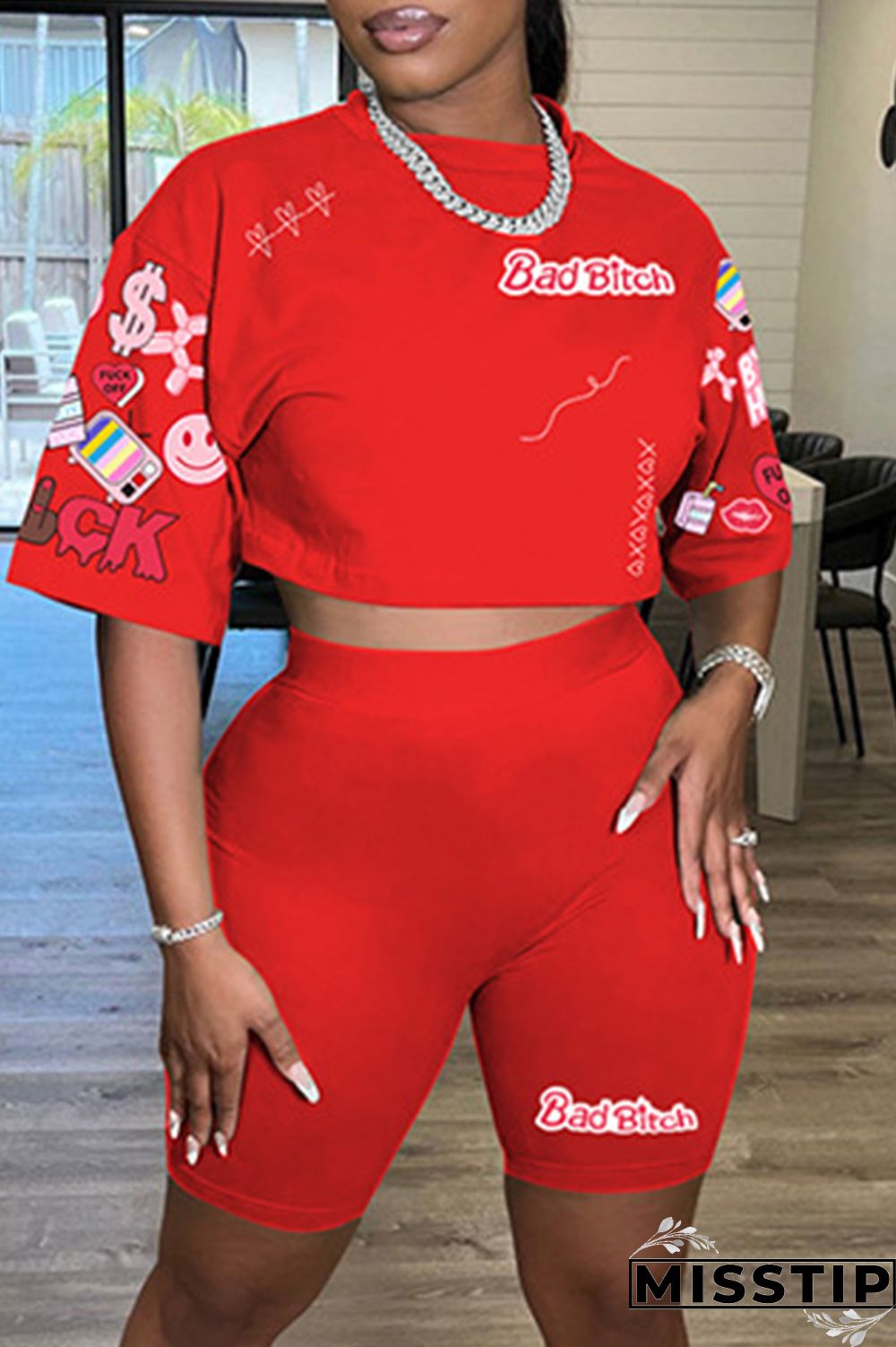 White Casual Print Basic O Neck Half Sleeve Two Pieces