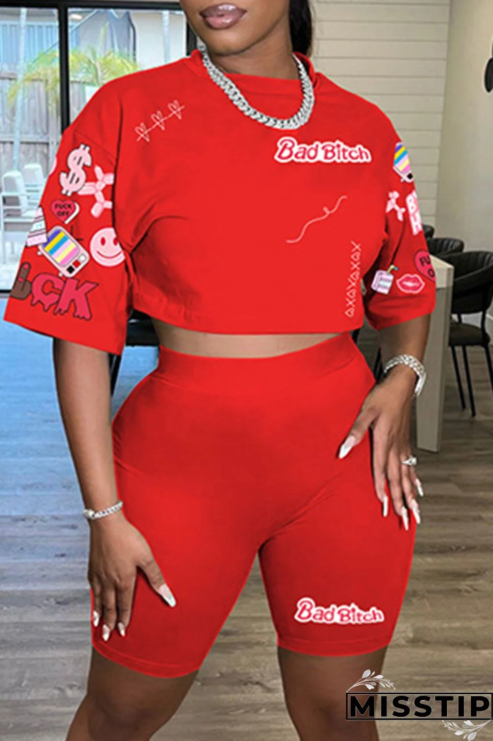 White Casual Print Basic O Neck Half Sleeve Two Pieces