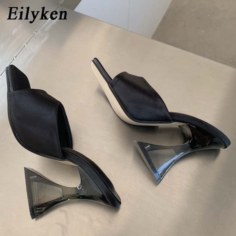 Eilyken 2022 New Silk Green Women's Strange Style Transparent High Heels Slippers Square toe Female Sandalias de mujer