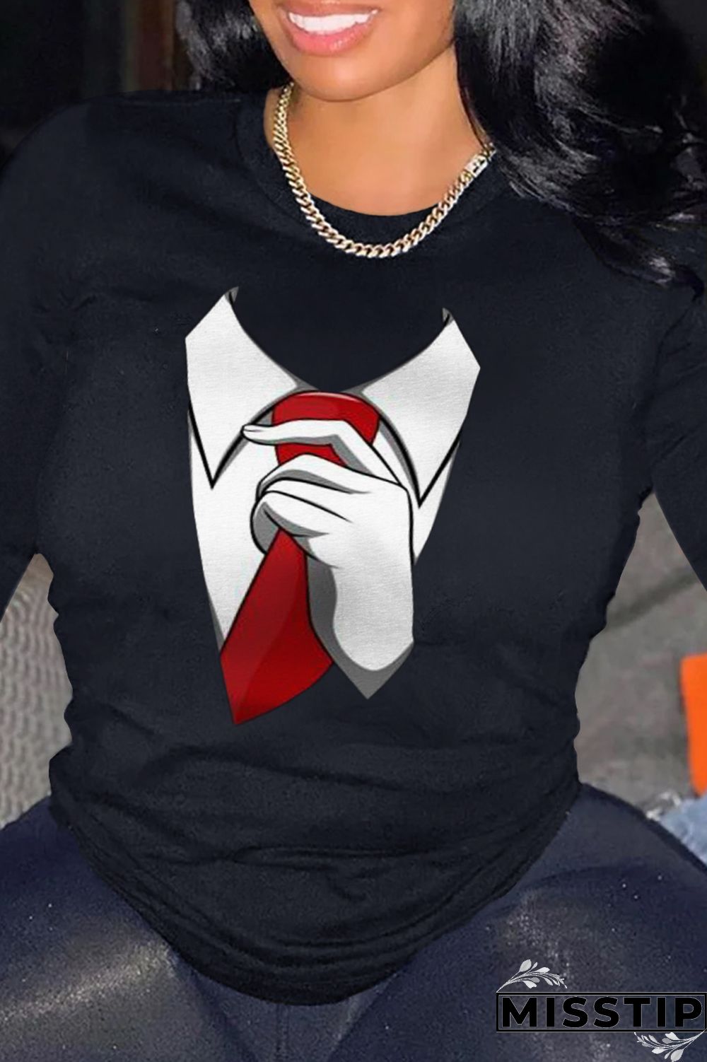 Black Casual Street Print Patchwork O Neck Tops