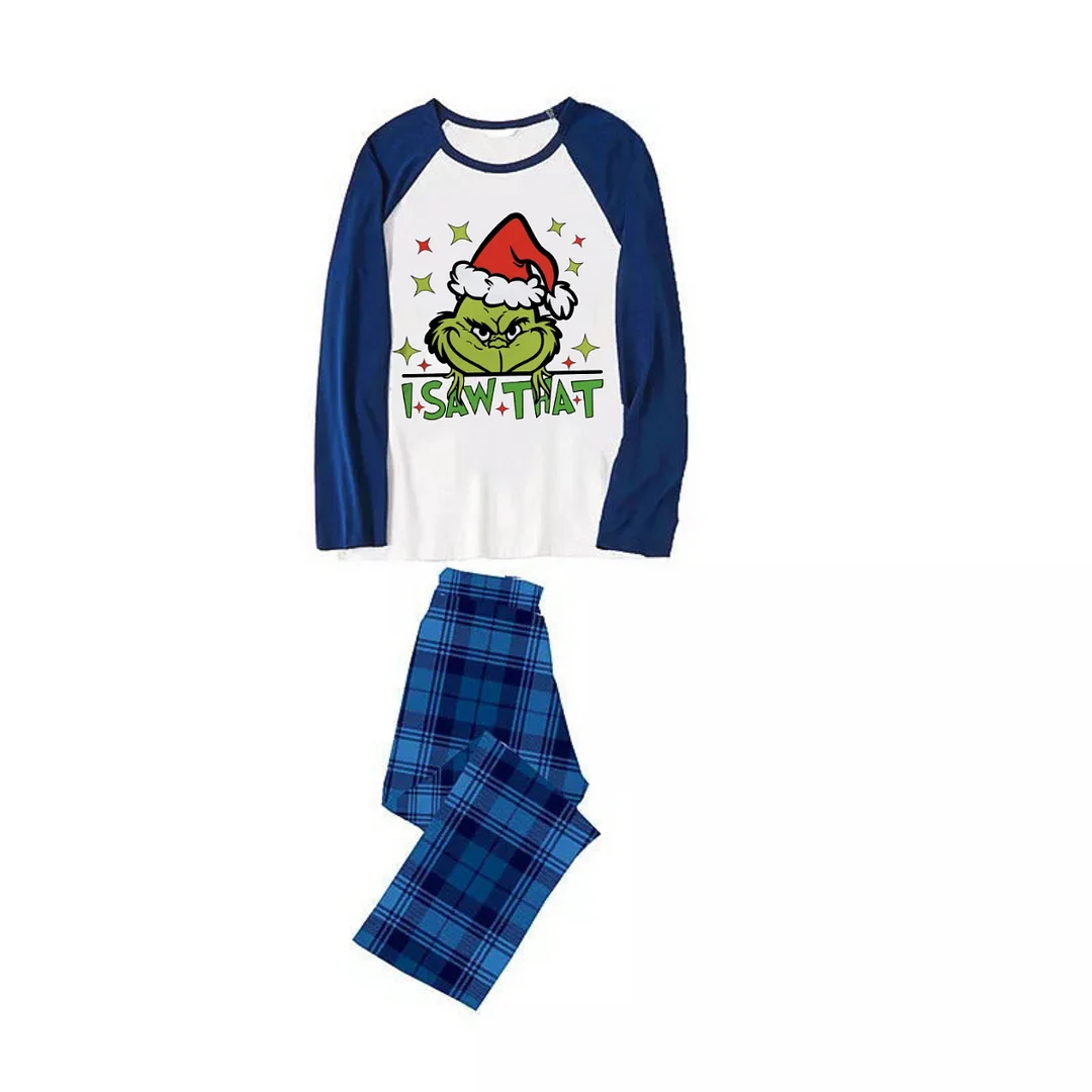"I Saw that" Text and Cartoon Pattern Printed Navy Blue and Black Plaid Christmas Family Pajamas
