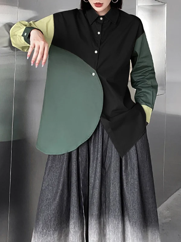 Contrast Color Buttoned Asymmetric Loose Long Sleeves Lapel Blouses&Shirts Tops