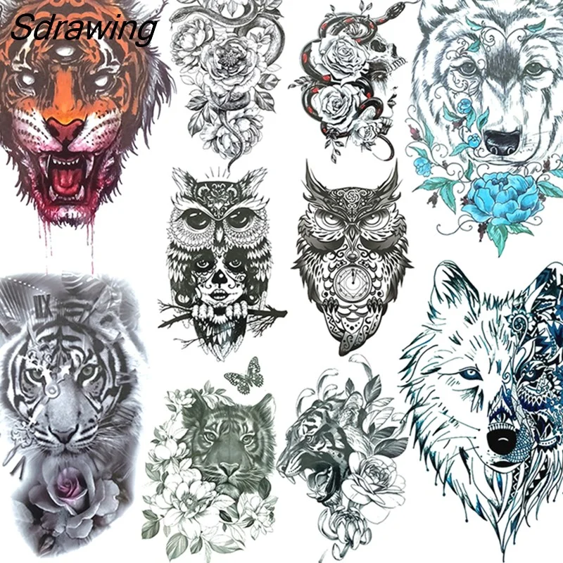 Sdrawing Wolf Tiger Owl Tatoo Sticker 3D Black Animal Tattoo For Men Women Kids Hot Sale Monster Flower Disposable Temporary Tattoo