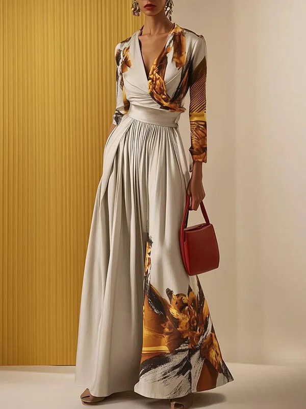 Long Sleeves Loose Floral Printed Pleated Split-Joint V-Neck Jumpsuits