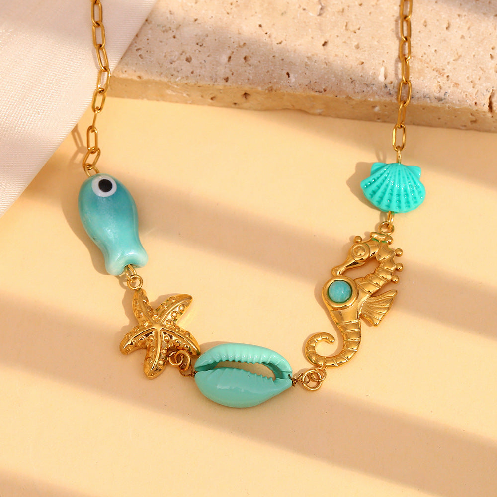 Fashion Beach Style Small Fish Seahorse Pendant Stainless Steel Plated 18K Gold Small Fresh Ocean Necklace Female