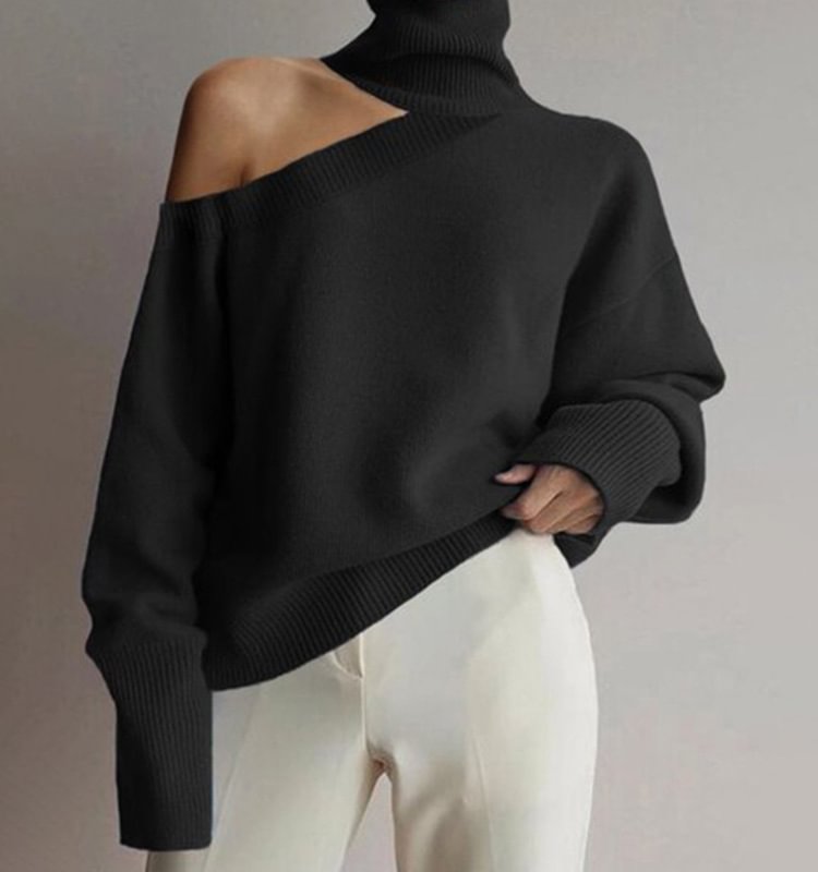 Turtleneck off-shoulder pullover sexy stitching sweater