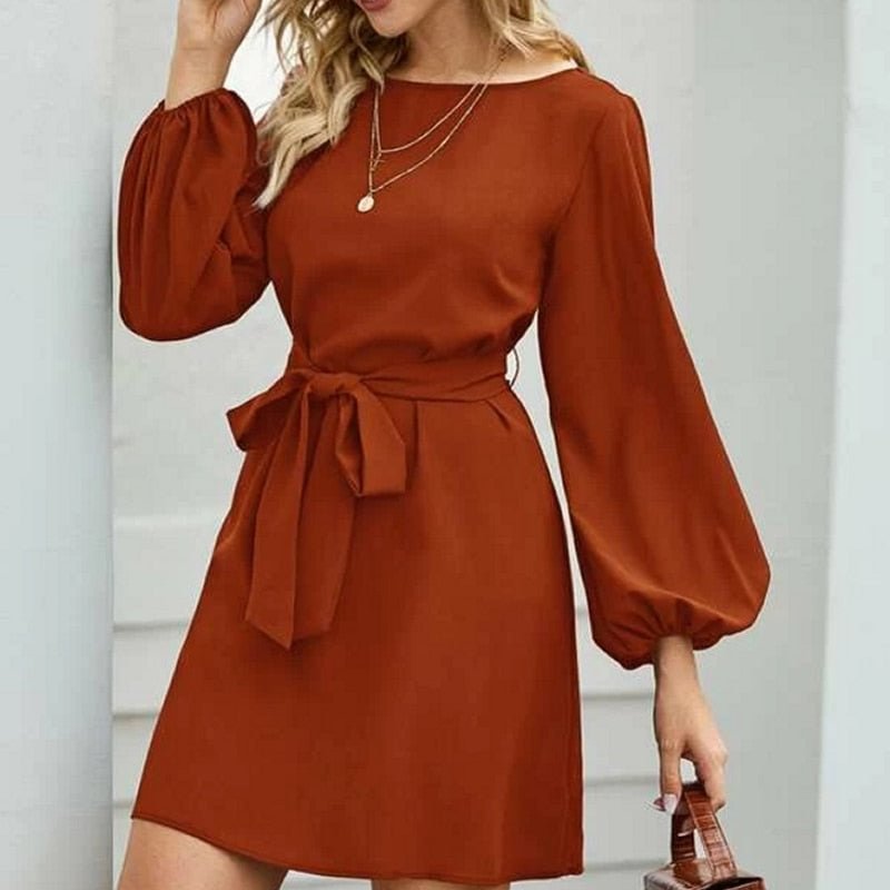 explosions Chiffon solid color plus size loose simple lantern sleeve dress belt slim temperament women's clothing 2020 Fashion