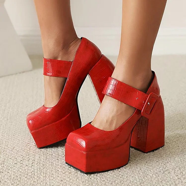 Croc-Embossed Square-Toe Platform Heels with Wide Buckle Strap Vdcoo