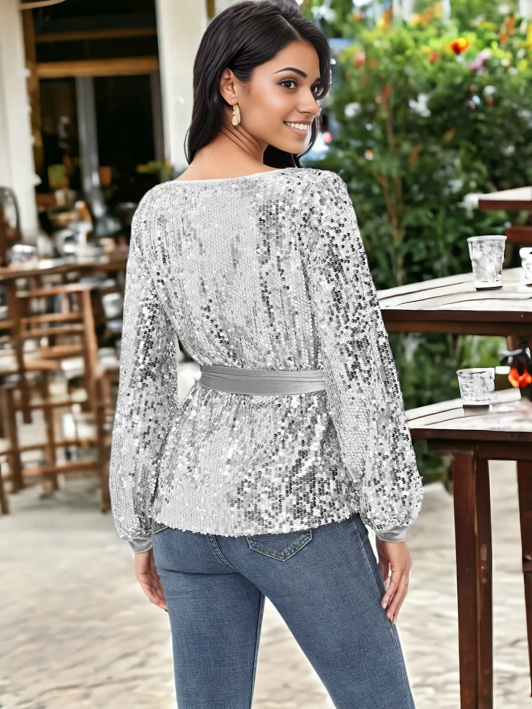 Sequin Party Tie Waist Sweatshirt Pullover Top