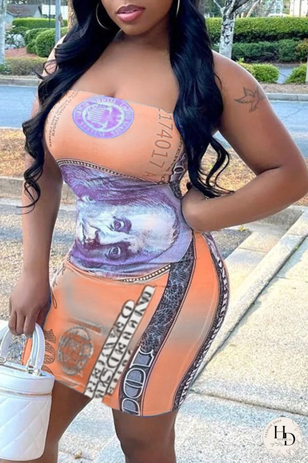 Orange Sexy Print Split Joint Strapless Sheath Dresses