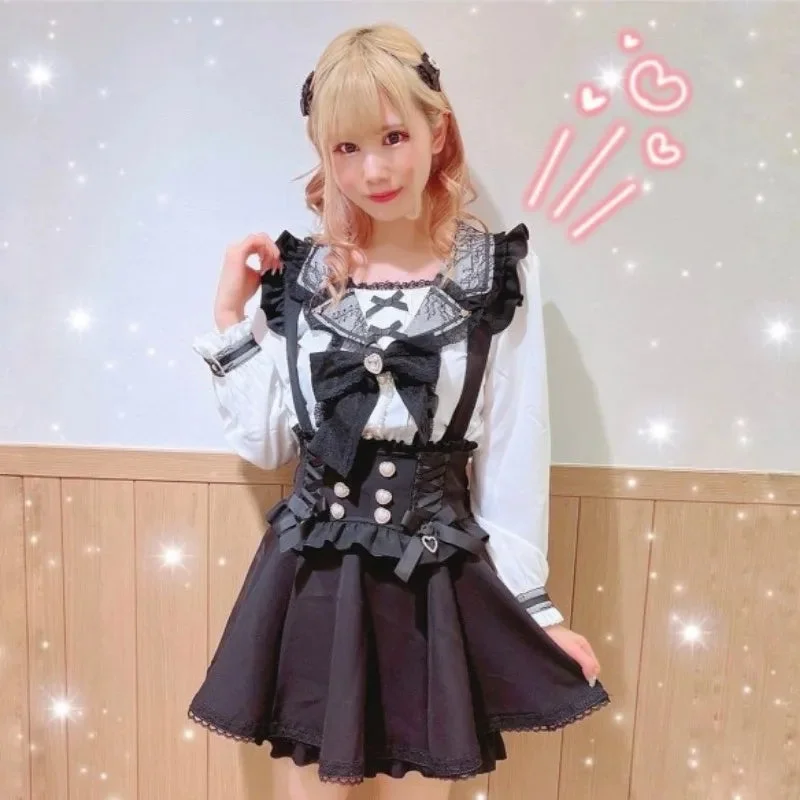 Huibahe Japanese Kawaii Lolita Skirt Women Gothic Ribbon Bow Diamond Pearl Cute Lace Removable Suspender Mini Skirts Cosplay