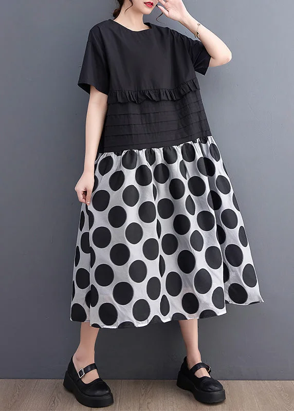 Chic Black O-Neck Ruffled Patchwork Print Dot Maxi Dress Short Sleeve