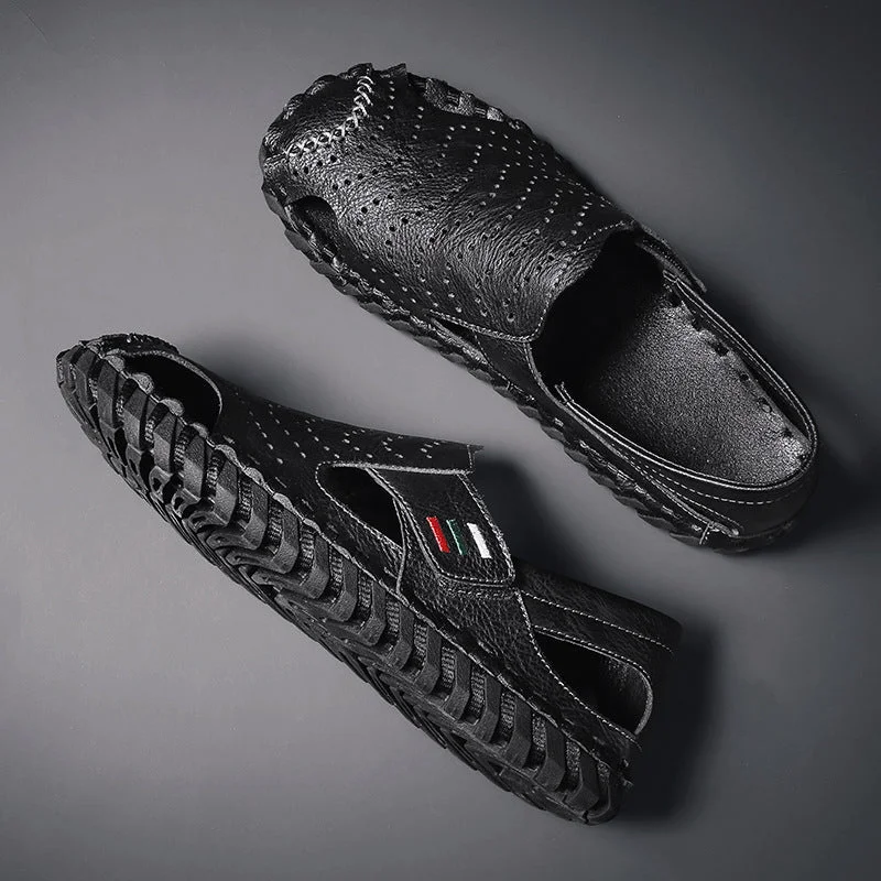 Letclo™Men's Casual Closed Toe Leather Adjustable Handmade Sandals letclo 
