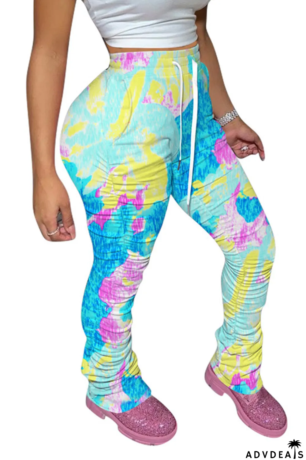 Green colour Polyester Drawstring Sleeveless High Patchwork Print bandage Draped pencil Pants Bottoms