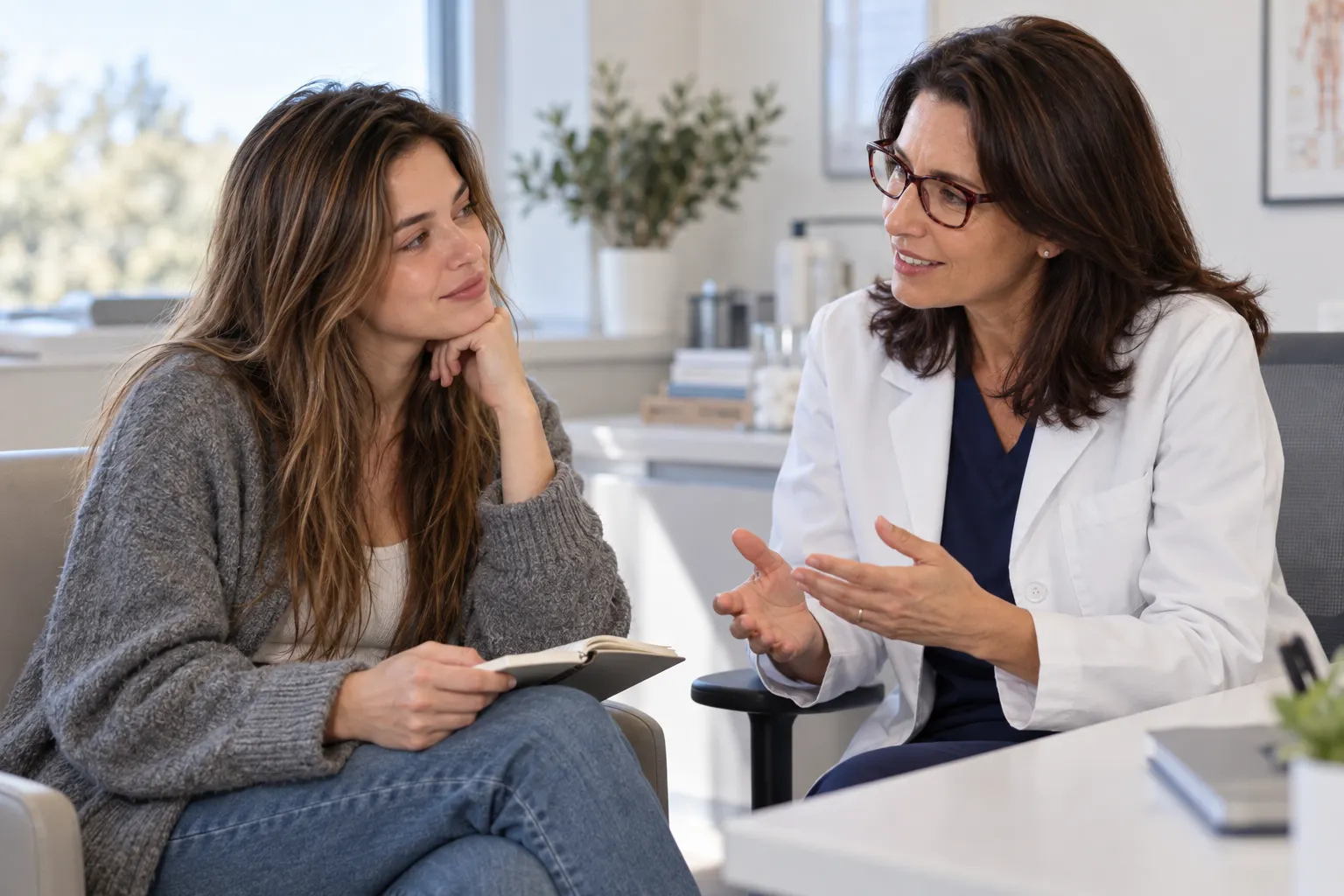 Woman discussing puffiness and body changes with a doctor