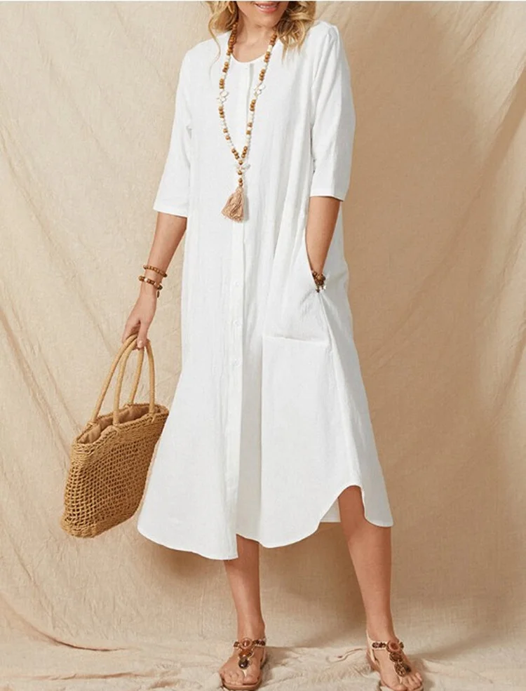Cotton Linen Cardigan Pocket Dress
