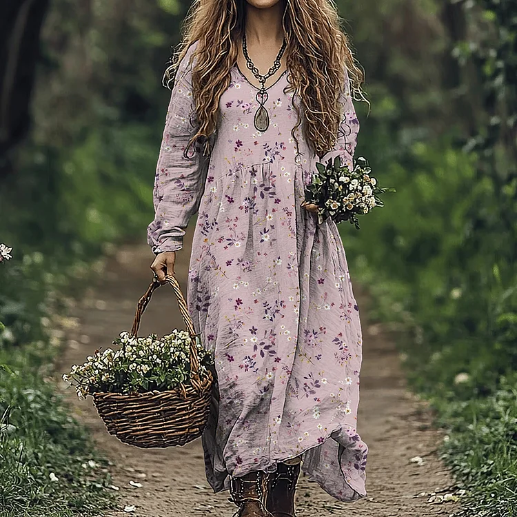 Simpfit Maxikleid aus Nachahmung aus Baumwolle und Leinen mit Vintage-Wildblumen und Blumenmuster