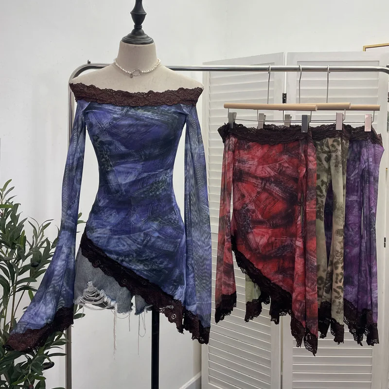 Uveng Tie-Dyed Leopard Print Lace Spliced Double-Layer Mesh Shoulder Irregular Loudspeaker Top 9912