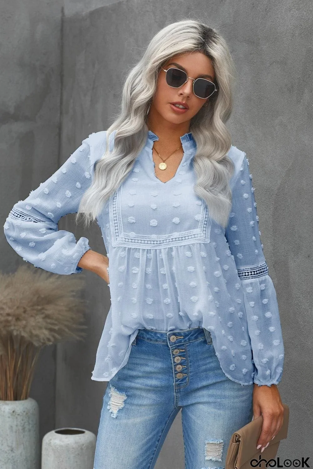 Swiss Dot Frilled Notched Neck Blouse