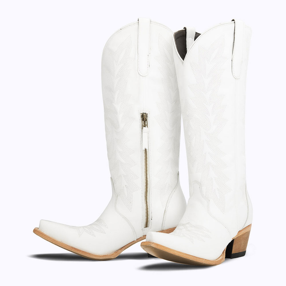 White Snip Toe Chunky Heel Embroidered Knee High Boots with Zipper Nicepairs
