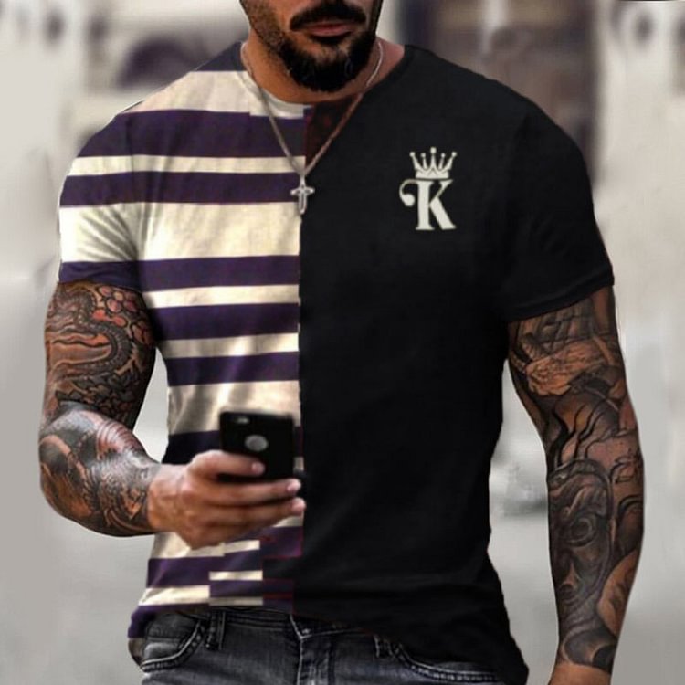 BrosWear Striped round neck print loose short sleeve T-shirt