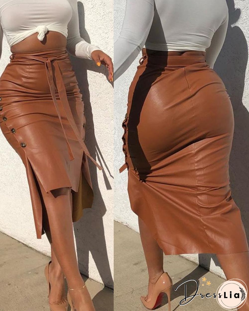 Buttoned Slit PU Leather Midi Skirt P10427