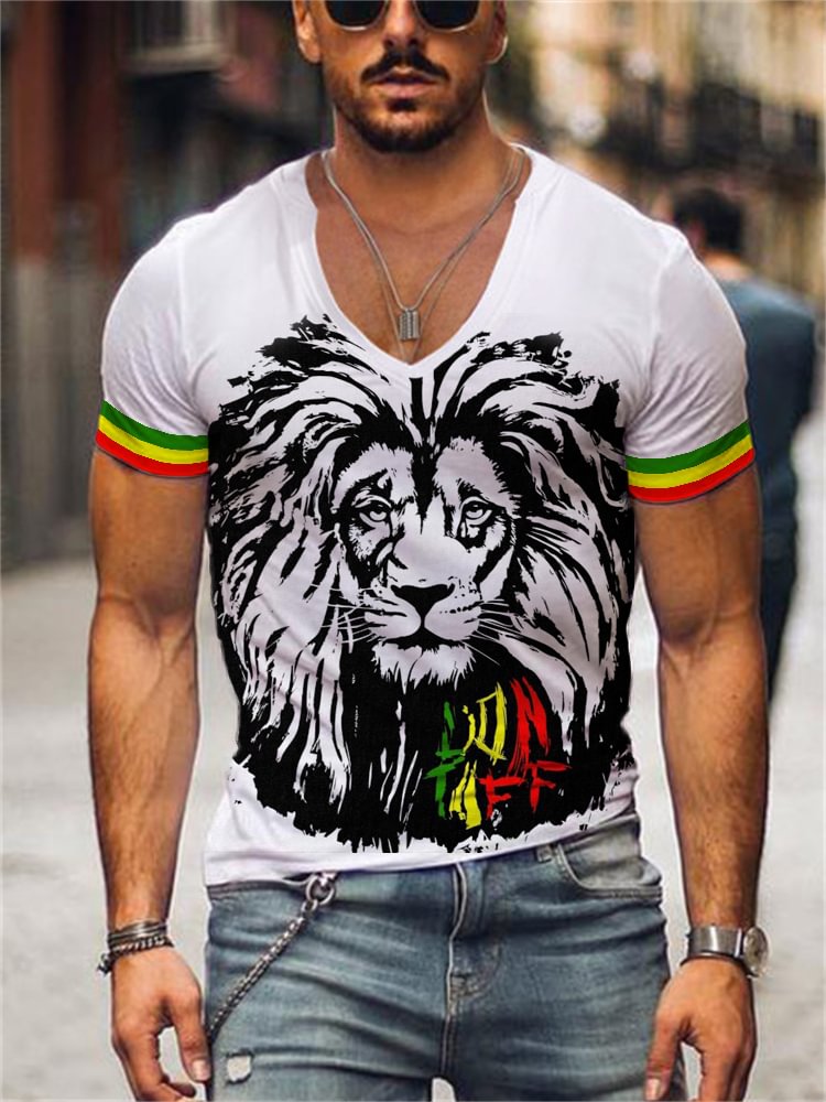 Men's Rasta Lion Striped Sleeve T Shirt