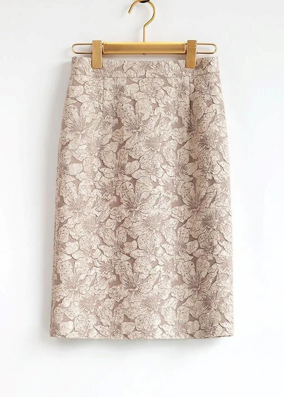 Apricot Patchwork Cotton Straight Skirt Zip Up High Waist Spring