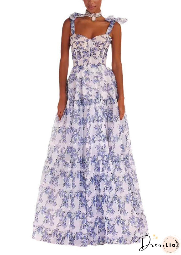 Italian Blue Lace Up Print Chiffon Spaghetti Strap Dresses Sleeveless