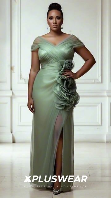 Xpluswear Design Plus Size Mother Of The Bride Satin Sage Green Wrap Neck Short Sleeve 3D Split Tulle Maxi Dresses 2024 - Xpluswear
