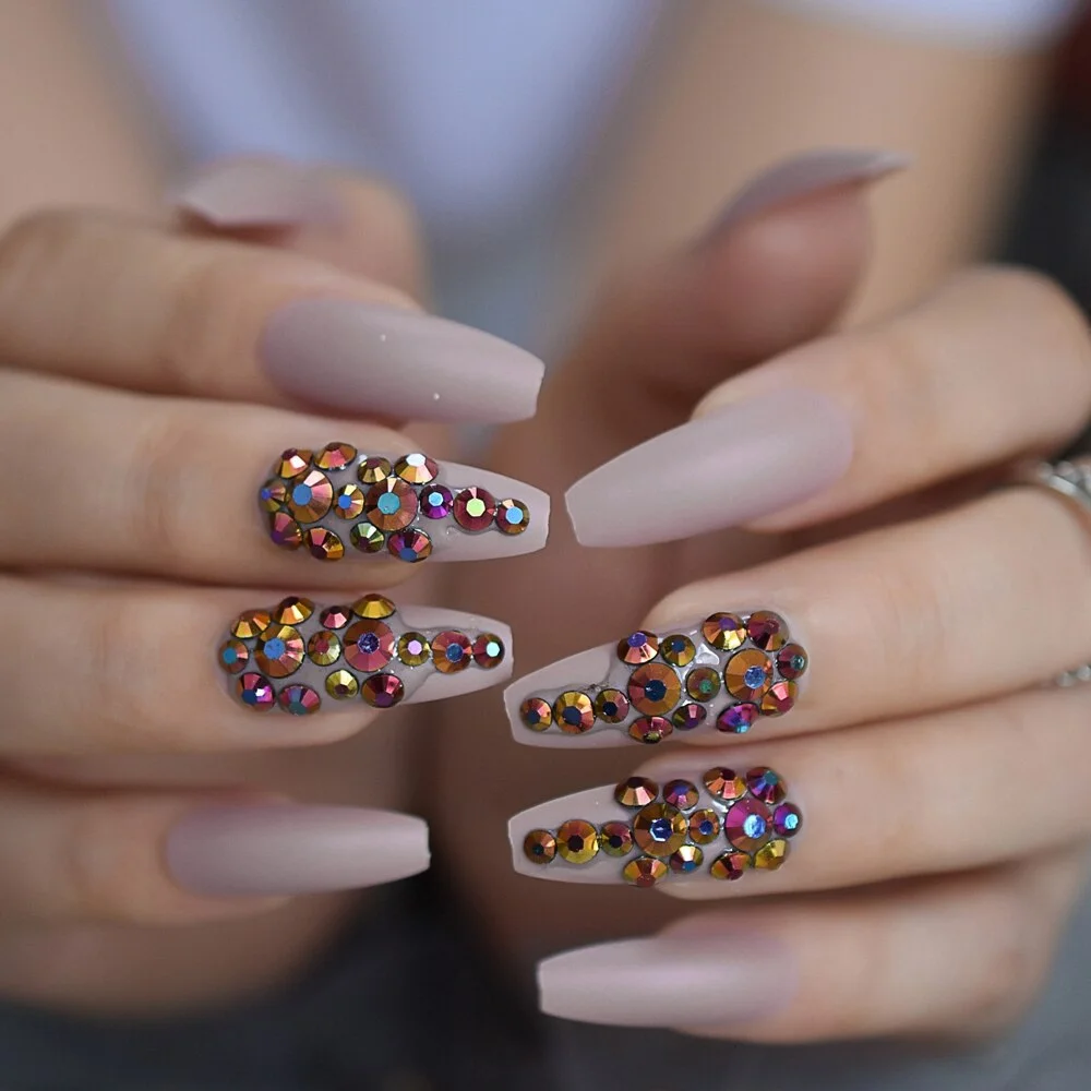 Gorgeous Rainbown Nails Coffin Shape 3D Crystal Decorative Faux Ongles Ombre Pink Blue Yellow Fashion Fake Nails Tip-Nail Inspo